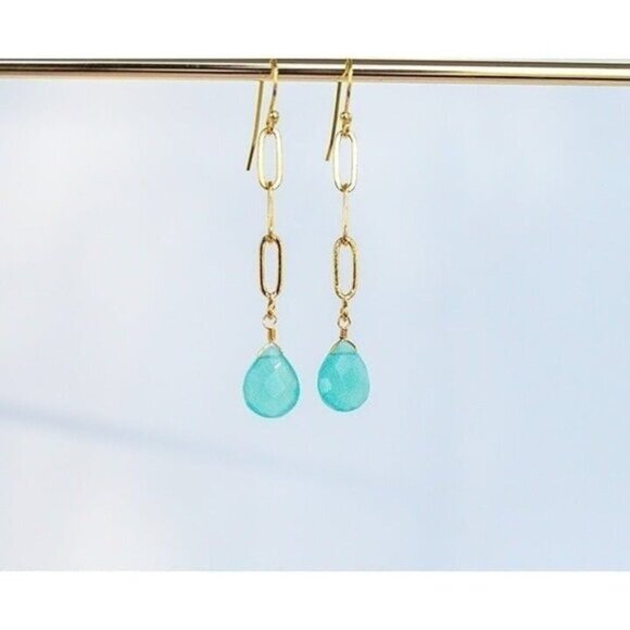 BUNDLE Aqua Chalcedony Drop Earrings & Amazonite Gemstone Bracelet Gold Chain - Picture 6 of 12